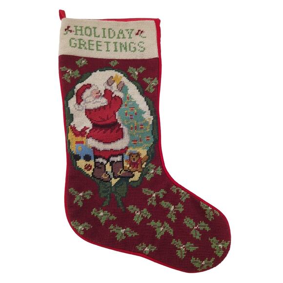 Vintage Cross Stitch Christmas Stocking Holiday Greetings Needlepoint Santa Tree - Picture 1 of 4